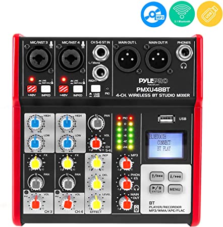 Studio Audio Sound Mixer Board - 4 Channel Bluetooth Compatible Professional Portable Digital Dj Mixing Console w/ USB Mixer Audio Interface - Mixing Boards For Studio Recording - PylePro PMXU48BT