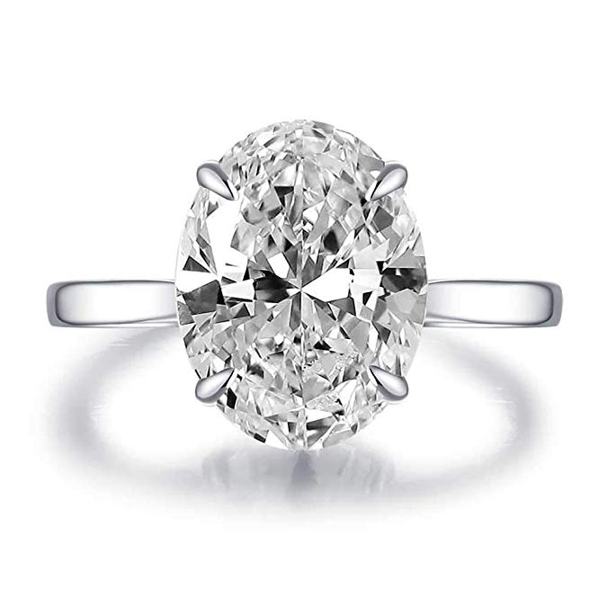 Bo.Dream Rhodium Plated Sterling Silver Oval Cut 4ct Cubic Zirconia CZ Solitaire Engagement Ring