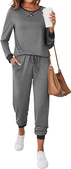 Ekouaer Women's Pajamas Sets Long Sleeve with Plaid Pants Soft Sleepwear O Neck 2 Piece Pjs Joggers Loung Set with Pockets