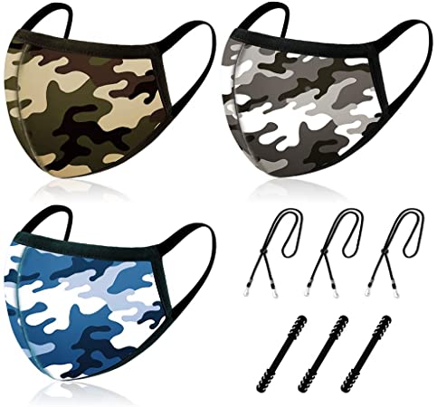 Breathable Reusable and Washable 2 Layers Face Madk 3 pcs, with Nose Bridge Wire, 3 Ear Madk Adjustable Hooks, 3 Madk Lanyard, Unisex Cute Fashionable Designer for Men Women Adult, Colorful,Camo