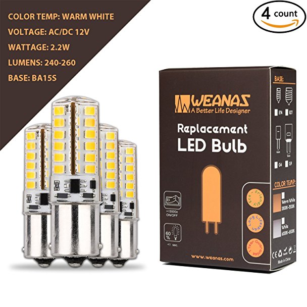 Weanas 4x BA15S Base 48 LED Light Bulb Lamp 2.2 Watt AC/DC 12V Warm White Undimmable Equivalent to 15W Halogen Track Bulb Replacement 360° Beam Angle(BA15S 2.2W AC/DC12V)