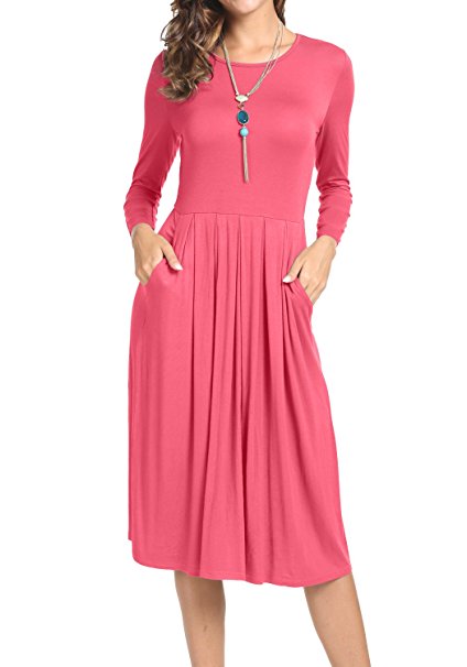 Levaca Women's Scoop Neck Pleated Loose Swing Casual Midi Dress With Pockets