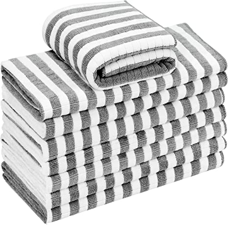 Gryeer 8 Pack Microfiber Dish Towels, Super Absorbent, Soft and Lint Free Kitchen Towels(400gsm,117g/piece), Check Designed with Hanging Loops, 26 x 18 Inch, Gray