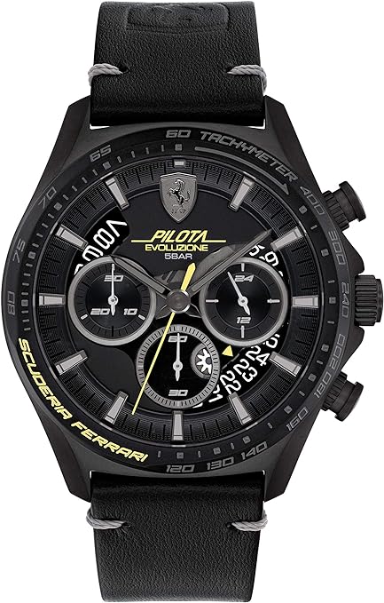 Ferrari Scuderia Pilota EVO Men's Quartz Chrono Stainless Steel and Leather Strap Casual Watch, Color: Black (Model: 0830823)