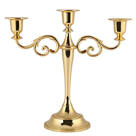Antique 3 Arm Candelabra European Style Metal Candle Holder for Home Wedding Christmas Party Decoration (Gold)