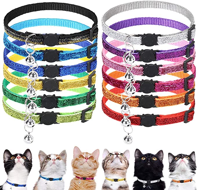 EXPAWLORER 12 Pack Cat Collars Set - Sparkly Adjustable Breakaway Cat Collars with Bell - Colorful Safety Kitten Collars