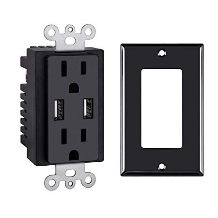 1 Pack USB Outlet Black, ANTEER 2.4A/5V Dual USB Wall Outlet 15A/125V Receptacle Smart High Speed USB Charger Socket Electrical Outlet USB Wall Plate Screw Include (1 Pack)