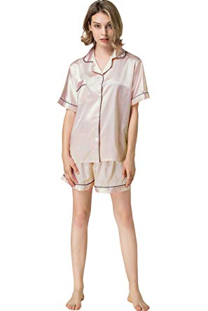 NANJUN Women's Satin Pajamas Sleepwear Long and Short Button-Down Pj Set