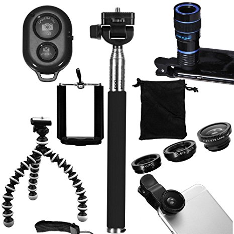 tyoungg® Cellphone Entertainment Full Kit 8-Zoom Telephoto Lens   Fish Eye Lens   Wide Angle Lens  Macro Lens   Selfie Stick Monopod   Flexible Octopus Mini Tripod With Phone Holder And Bluetooth Remote Shutter for iPhone 6 iPhone 6 plus iPhone 5 5s 5c iPhone 4 4s Samsung Galaxy Note 3 Note 4 S3 S4 (black)