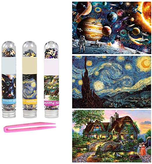 234 Pieces Mini Jigsaw Puzzles for Adults & Kids, 6" x 4" Small Jigsaw Puzzles Capsule Tube Jigsaw Puzzles Intelligent Game, Starry Night Space Astronaut Dusk Village 3 Pack