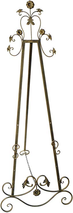Designstyles Decorative Metal Easel Stand – Adjustable Floor Display for Art Pieces, Signs, Mirrors and Chalk/Dry Erase Boards - 60" Tall, Antique Finished Iron, Gold – Floral Accents