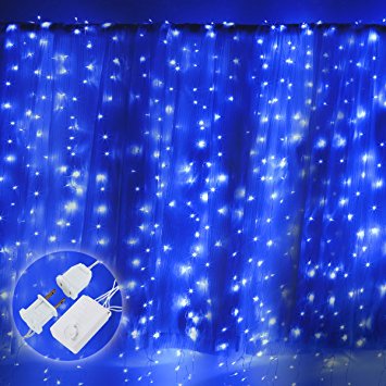 Excelvan 10x10FT/3x3M 300 LEDs Transparent String Curtain Light, 8 Modes Twinkle Window Light with Memory Function for Christmas Wedding Party Home Indoor Outdoor Festival Decoration, Blue White