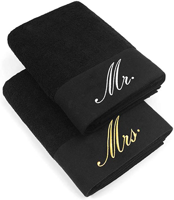 Kaufman - Luxurious Couples Embroidered Bath Sheet Set of 2 Large Towels for Partners (Black - Mr and Mrs)
