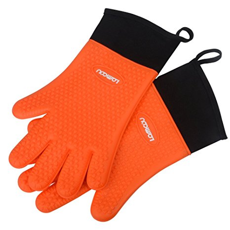 BBQ Gloves, Lammcou Heat Resistant BBQ Cooking Gloves Grill Gloves Mitts Baking Oven Stove Potholder Barbeaue Gloves Silicone BBQ Gloves for Barbecue Grill Baking Smoking Fireplace Gloves Mitts -OR