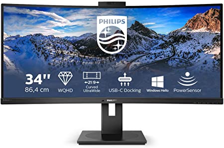 Philips 346P1CRH - 34 Inch QGHD Curved ultrawide Monitor, 100Hz, 4ms, VA, USB-C Dock, Webcam, Speakers, HDR 400 (3440 x 1440, 500 cd/m², HDMi/DP/USB-C/USB 3.2)