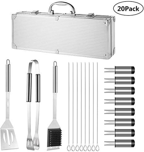 YOUNGDO 20Pcs BBQ Grill Tools Set Barbecue Grilling Accessories Kit with Aluminum Case - Tongs, Grill Brush, Skewers and Spatula Stainless Steel Utensils, Birthday Gifts for Men Dad