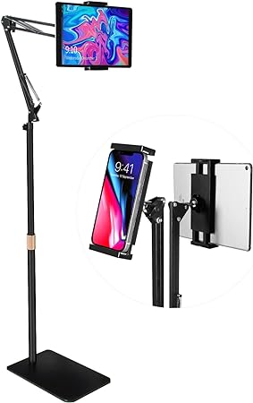 Tablet Floor Stand, Overhead Bed Phone Mount, Height Adjustable Universal Metal Tablet Holder, Phone Stand, Compatible with iPad, Samsung Galaxy Tab, Phone, Kindle, E-Readers 4.5-12.9" (Dark Black)