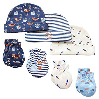 Baby Mittens and Caps Set Infant gloves and no scratch mittens Newborn Gift 7 Piece Set For Baby Boys & Girls, 0-6 Months