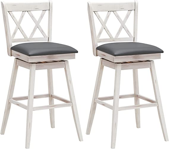 COSTWAY Bar Stool Set of 2, 360° Swivel Bar Height 29.5 inch Bar Stool with Foot Rest Upholstered Cushion & Ergonomic Backrest, Sturdy Frame, for Pub, Restaurant, Home (2, Antique White  Grey)