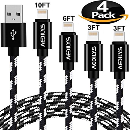 iPhone Charger, AEDILYS 4 Pack [10FT 6.6FT 3.3FT 3.3FT] Nylon USB Charging & Syncing Cord Charger for iPhone X / 8 / 8 Plus / 7 / 7 Plus / 6 / 6 Plus / iPad and more (Black)