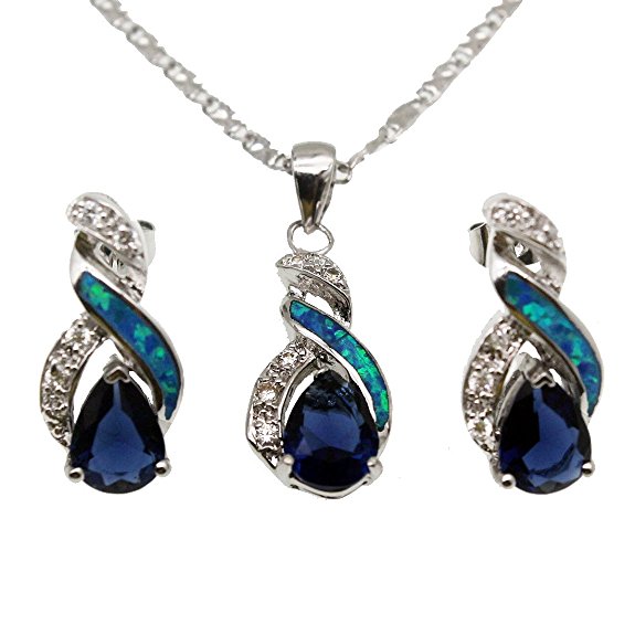 Hermosa Jewelry Sets Australian Opal Blue Sapphire Necklace Earrings Mother's Day Gifts