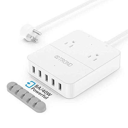 TROND Desktop Power Strip Surge Protector with 5 USB Ports (8A/40W Powerful), 2 Widely-Spaced AC Outlets, 5ft Extension Cord, Flat Wall Plug, for Bedside Nighstand Office Hotel – White