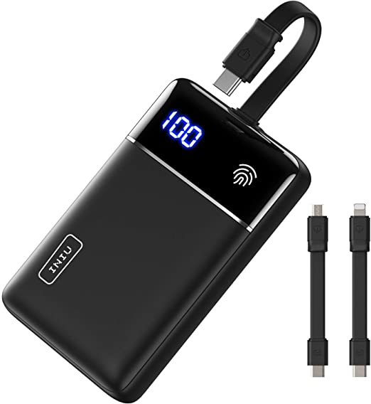 INIU Portable Charger Built in 3 Cables & Touch LED Display, The Lightest Palm-Size 10000mAh Power Bank, Tri-3A High-Speed Battery Pack for iPhone 11 Pro X 8 Plus Samsung S10 Google iPad AirPods etc.