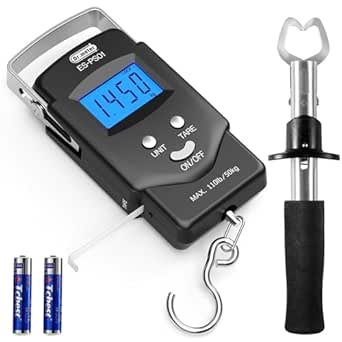 Dr.meter PS01 Fishing Scale with Fish Lip Gripper - 110lb/50kg Backlit LCD Display Digital Scale with Built-in Measuring Tape   Stainless Steel Fish Holder Tool Set, Fishing Gifts for Men