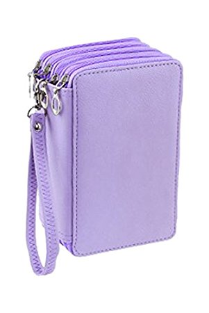 WeiBonD 72 Slots Colored Pencil Case - PU Leather Handy Multi-Layer Large Zipper Pen Bag With Handle Strap For Colored / Watercolor Pencils, Gel Pen, Makeup Brush, Small Marker And Sharpener (Purple)