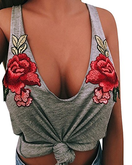 GAMISOTE Women Sexy Tank Bustier Bra Vest Crop Top Cami Rose Embroidery Shirt