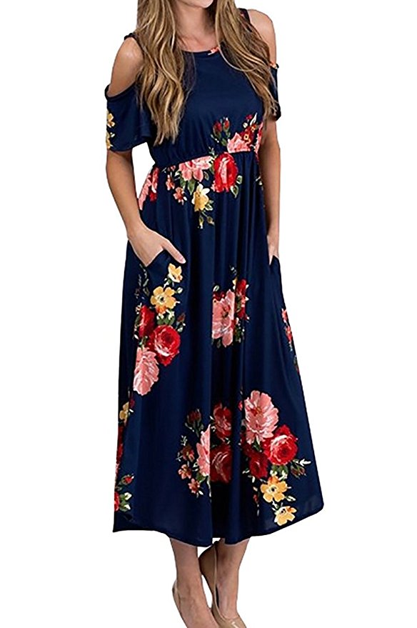 Ofenbuy Women's Floral Print Cold Shoulder Elastic High Waist Maxi Long Dresses