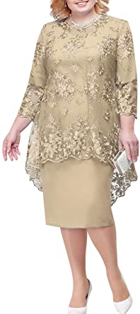 MisShow Women Tea Length Mother of The Bride Dresses Plus Size Wedding Guest Dresses with Floral Lace Jacket