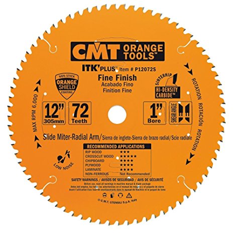 CMT P12072S ITK Plus Finish Sliding Compound Saw Blade, 12 x 72 Teeth, 10° ATB Shear with 1-Inch bore