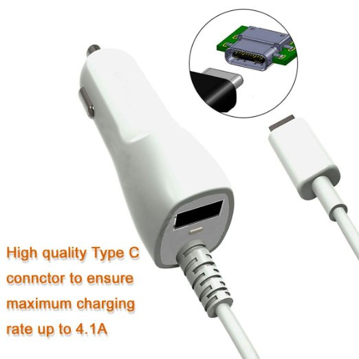 USB Type C Car charger, Miger 4.1A USB-C Car Charger Adapter, Built-in 5Ft/1.5m Spring Type C 3.1 Cord For Apple MacBook 12 inch, Nokia N1, Nexus 5X 6P, Lumia 950/950XL, OnePlus 2 and More