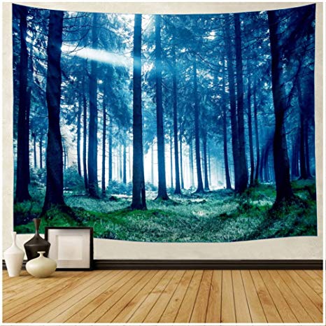 DIPPERION Forest Tapestry Blue Misty Forest with Sunbeams Tapestry Trees Landscape Wall Tapestry 3D Forest Tree Tapestry Wall Hanging Sunny Forest Wall Art Hippy Boho Gypsy Tapestry