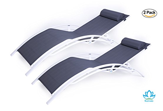Kozyard KozyLounge Elegant Patio Reclining Adjustable Chaise Lounge Aluminum and Textilene Sunbathing Chair for All Weather with headrest (2 pack), KD,very light, very comfortable …