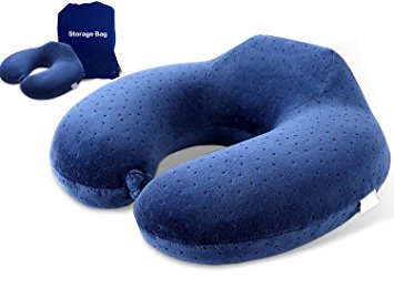 YiHang Travel Bliss Memory Foam Neck Pillow - Premium Neck Support Pillow for Comfort Rest. Lightweight Neck Rest Pillow for Airplane U-Shape Car Neck Pillow (Blue)