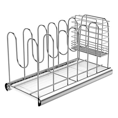 Allegut Adjustable Pot Lid Holder Organizer Rack with Storage Basket 16.7 x 8.3 x 9.8 inches - SUS 304 Stainless Steel
