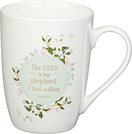 Christian Art Gifts Motivational Ceramic Scripture Coffee and Tea Mug for Women: The Lord Is My Shepherd - Psalm 23:1 Inspirational Bible Verse Hot & Cold Beverage Cup, White and Pink Floral, 12 oz.