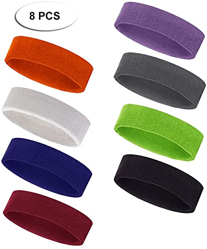 Outton Sweatbands Headbands for Men & Women Sports - Sweatband Athletic Cotton Soft Moisture Wicking Stretchy Sweat Bands for Tennis, Basketball, Running, Yoga, Gym, Working Out 8 PCS Mixed Color