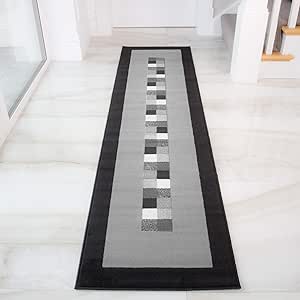 Milan Soft Simple Modern Black & Grey Monochrome Border Hallway Entrance Runner Area Rug - 60cm x 240cm