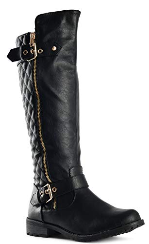 LUSTHAVE Women's Knee High Boots - Winkle Back Shaft - Side Quilted Zipper - Flat Accent Riding Boot