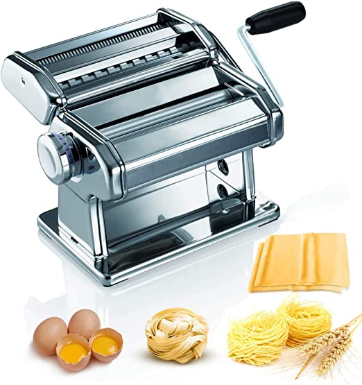 Sailnovo Machine à Pâtes Manuelles en Acier Inoxydable pour Faire Tagliatelle Spaghettis Lasagnes Ravioles 9 échelles (Argent)