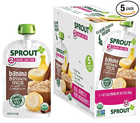 Sprout Organic Baby Food Pouches Stage 2 Sprout Baby Food, Banana Brown Rice with Cinnamon, 4 Ounce (Pack of 5); USDA Organic, Non-GMO, Made with Whole Foods, No Preservatives, Nothing Artificial