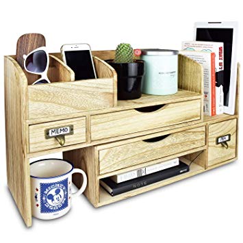 Ikee Design Adjustable Wooden Desktop Organizer Office Supplies Storage Shelf Rack