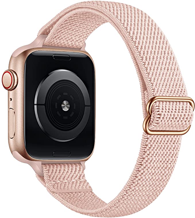 SICCIDEN Slim Stretchy Bands Compatible with Apple Watch Band 45mm 44mm 42mm 41mm 40mm 38mm, Women Elastics Nylon Thin Band Strap for iWatch SE Series 7 6 5 4 3 2 1 (Pink/Rose Gold, 45mm 44mm 42mm)