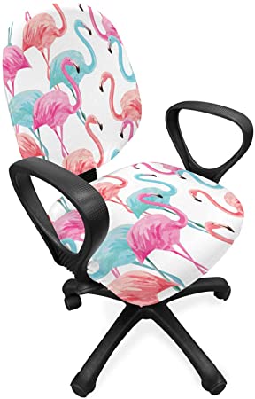 Ambesonne Watercolor Office Chair Slipcover, Flamingos in Many Colors Hand Drawn Bird Exotic Animals Illustration, Protective Stretch Decorative Fabric Cover, Standard Size, Baby Blue