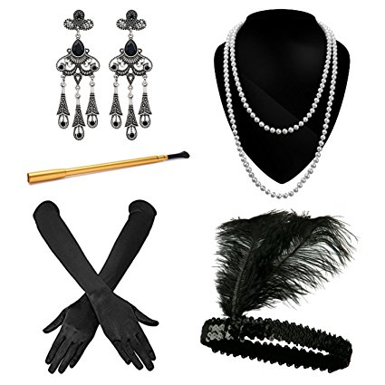 iLoveCos 1920s Accessories Set Flapper Headband Necklace Gloves Cigarette Holder Great Gastby Accessories