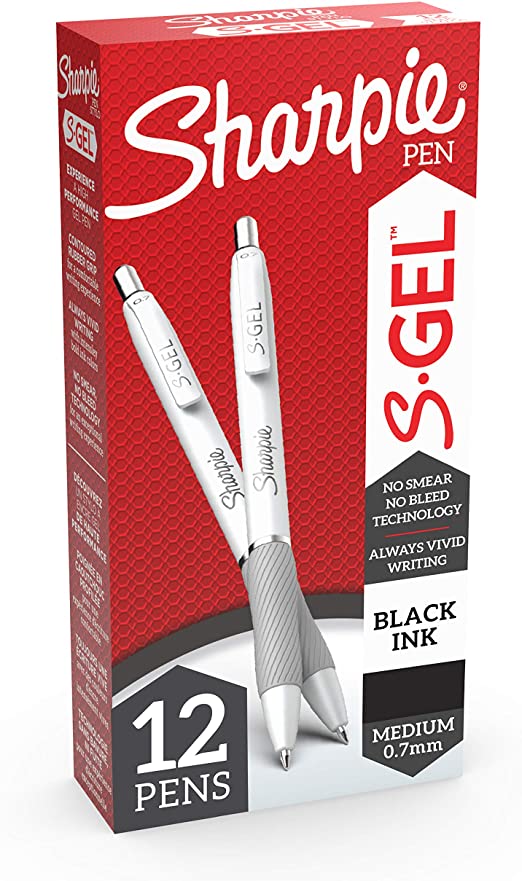 Sharpie S-Gel, Gel Pens, Medium Point (0.7mm), Pearl White Body, Black Gel Ink Pens, 12 Count