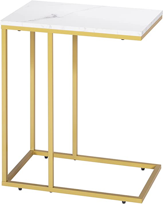 PrimeZone C Shaped Side Table - Faux Marble Narrow End Table for Sofa Couch & Living Room, TV Tray Table, 19" W x 12" D x 23" H, Gold Frame